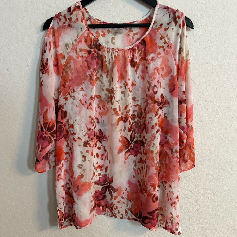 Chico's Pretty Pink Print Floral Sheer Blouse Quarter Sleeve Pullover Top Size 3